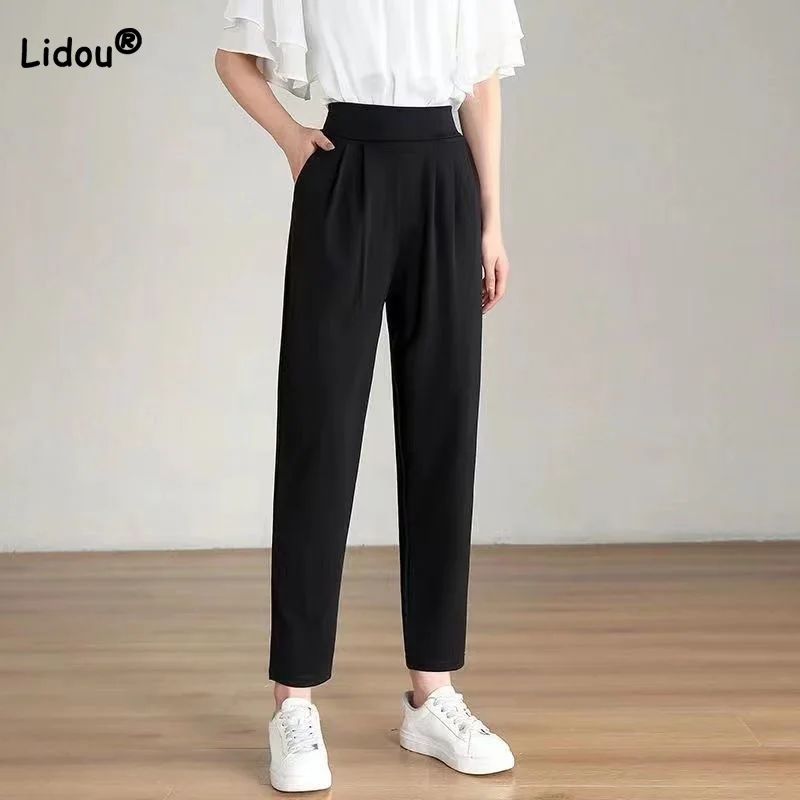 Fashion for Women 2023 Summer New Thin Style Elastic High Waist Straight Pants Pockets Loose Black Versatile Harlan Trousers 100starbags dsq thin summer jeans women s new stretch straight harlan pants are ripped wash water paint holes grinding tearin