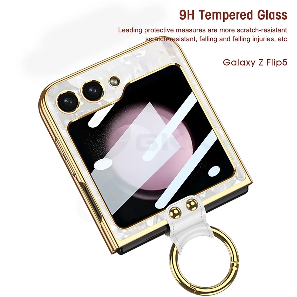 Plating Marble Patterned Tempered Glass Cover For Galaxy Z Flip5 Flip4 Flip3 5G Case Hard Shockproof Cover
