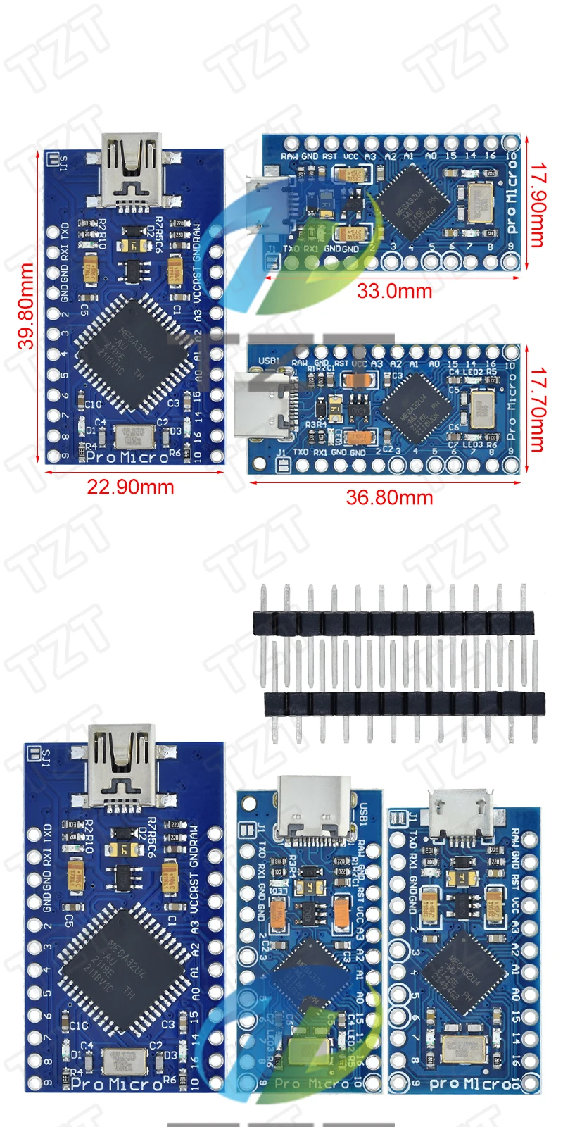 TZT Pro Micro ATmega32U4 5 V 16 MHz ersetzt ATmega328 für Arduino Pro Mini mit 2-reihigem Pin-Header für Leonardo Mini-USB-Schnittstelle – Detail 7