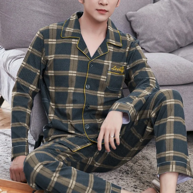 Simple Long Sleeve Cotton Top Pant Men's Pajama Sets