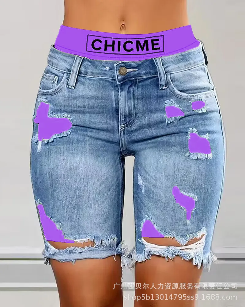 Y2K Summer Sexy Ripped Jeans Colorblock Letter Print Short Jeans Ripped Fake 2 Piece Denim Shorts Women Ripped Denim Shorts