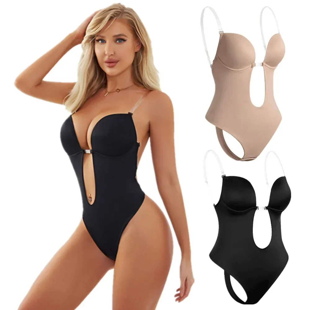 

Women Sexy U Plunge Backless Bodysuit Deep V-Neck Seamless Thong Bottom Underwear Padded Push Up Body Shapewear Corset