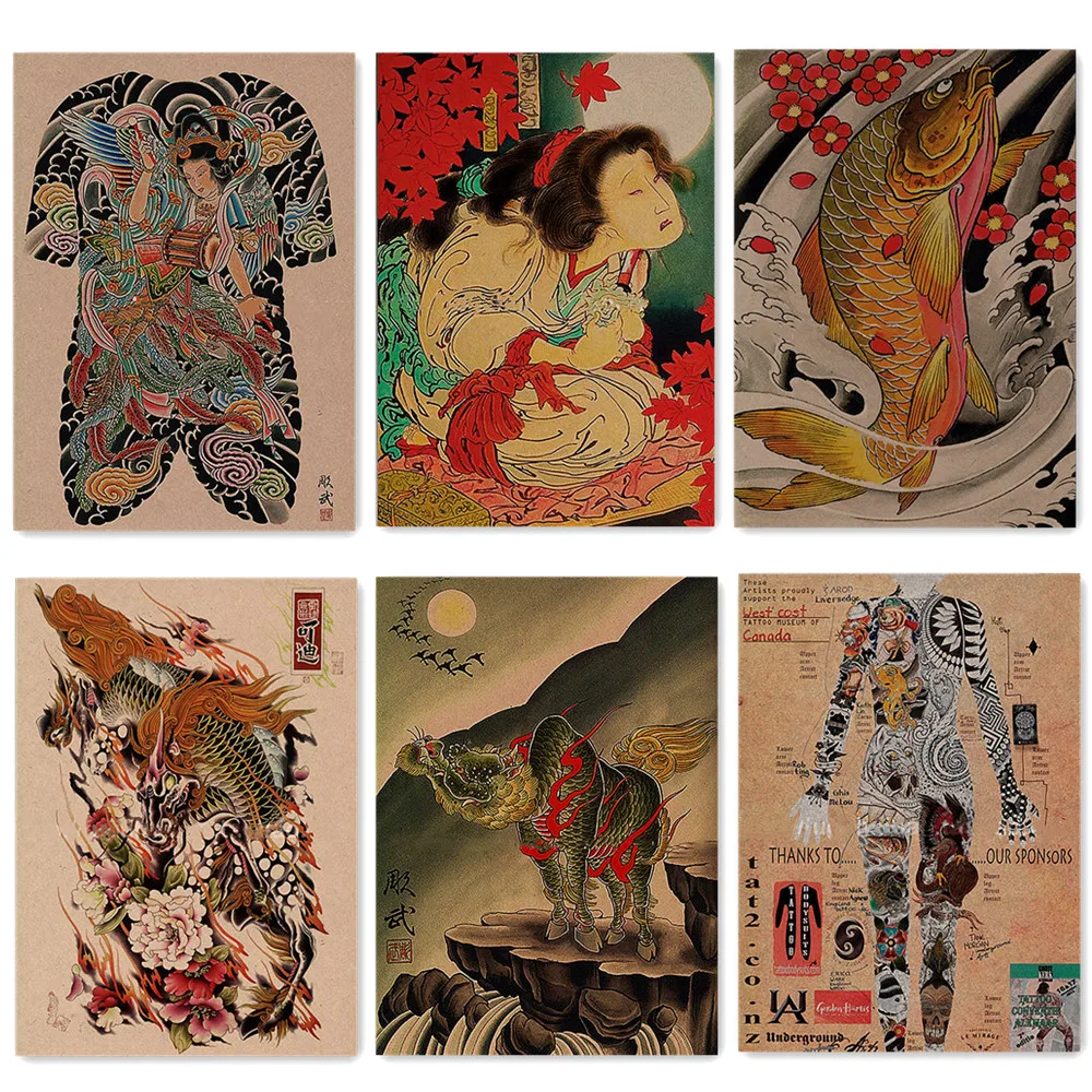 Vintage Matte Kraft Paper Print Painting Wall Sticker Decorazione Della Casa Retro Body Tattoo Art Poster Ukiyo-E Art Works Wallpaper