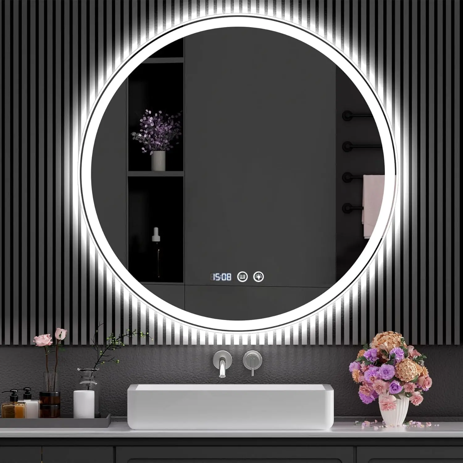 LED Round Mirror, Touch Control, Time Setting, Memory Function, Anti-Fog HD, Wall-Mounted Adjustable