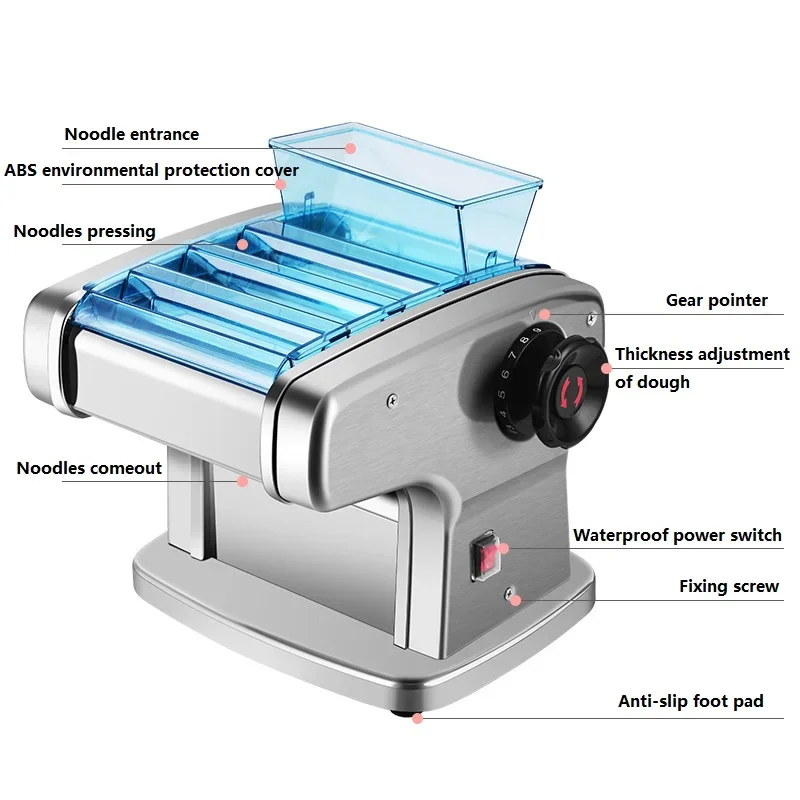 Electric Pasta Maker, Household Noodle Making Machine Dough Spaghetti Roller Pressing Machine with 2.5mm Noodle Cutter, Stainless Steel, 135W 5kg/h