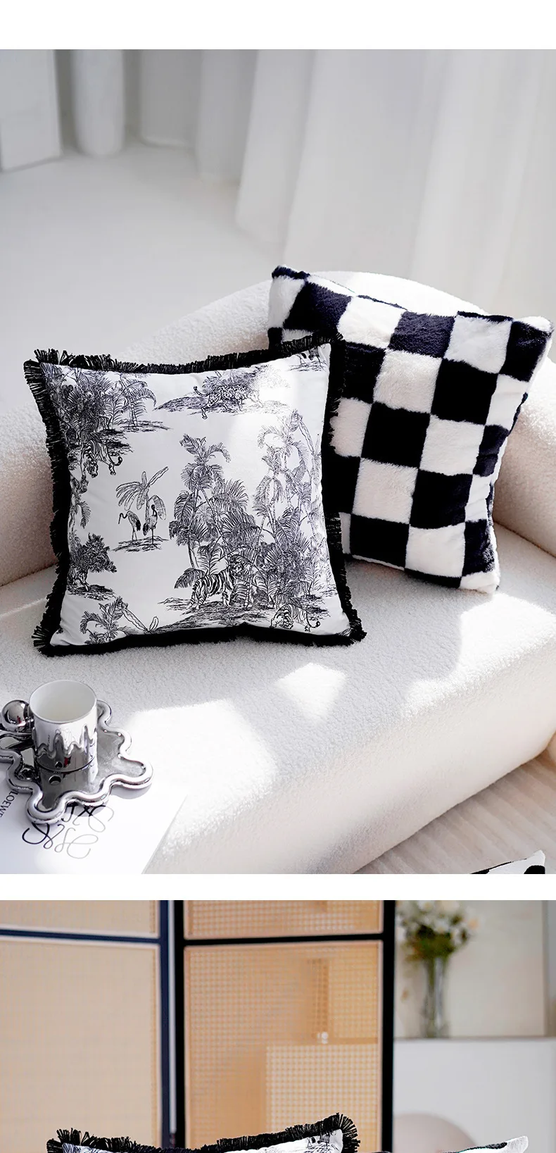 Gestickte dekorative Kissenhülle mit Blumenmuster, geometrisch gestreift, Chenille, schwarz-weiß, Kissenbezüge für Sofa, Bett, Heimdekoration – Detail 6