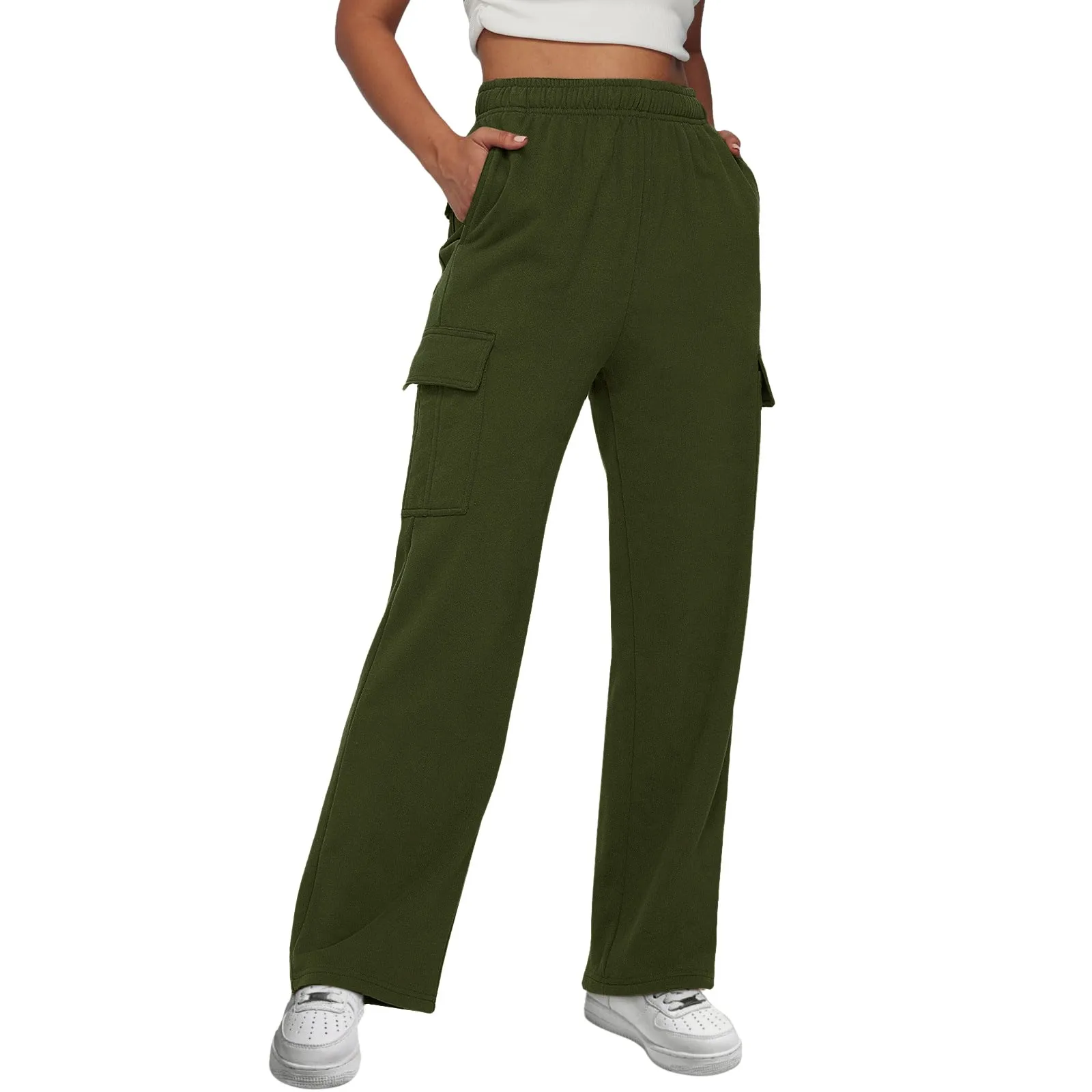 Women's Daily Outdoor Elastic Waist Multiple Pockets Casual Trousers Solid Color Fashionable Straight Leg Cargo Pants For Women