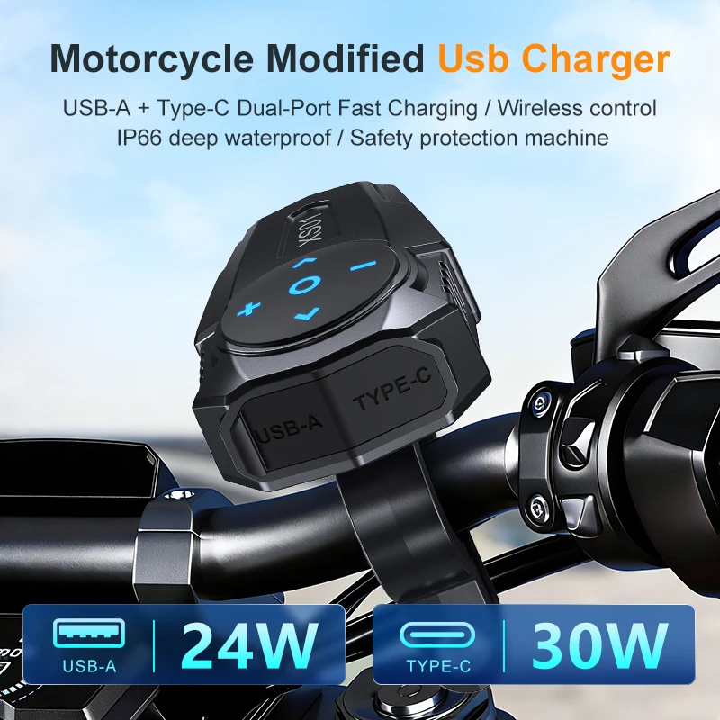 Dual Port 55W Motorcycle Charger with Wireless Control - Waterproof Handlebar Power Adapter