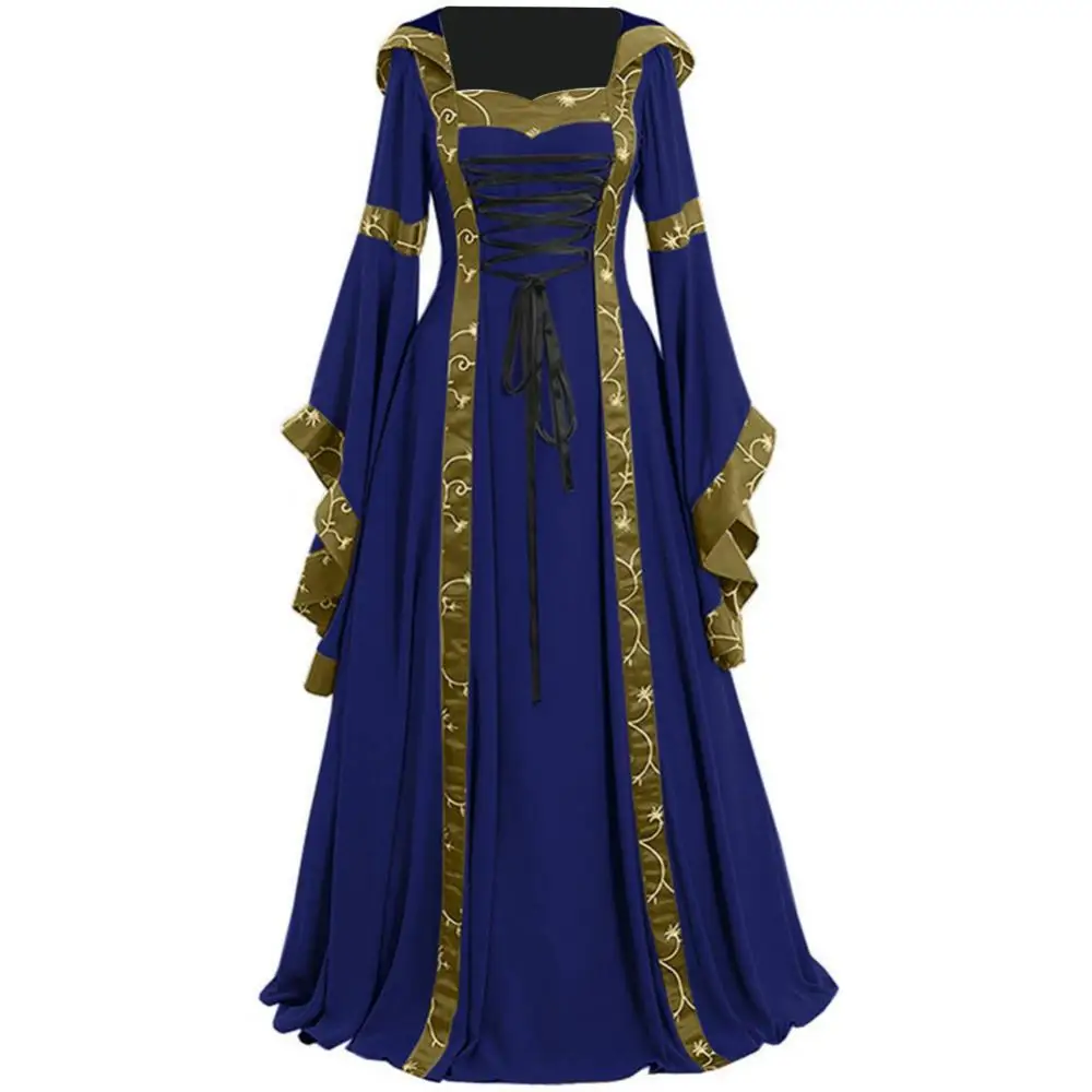 Retro Women Medieval Dress Lace Up Long Sleeve Floor Length Party Dress Halloween Costume Long Dresses halloween costumes