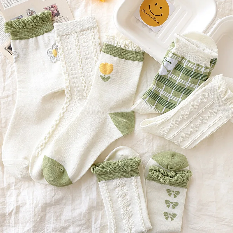 

10 Pairs Cotton Socks Green White Socks Women Girls Mid Tube Socks Floral Bow Tie Japanese Style Sweet Hosiery