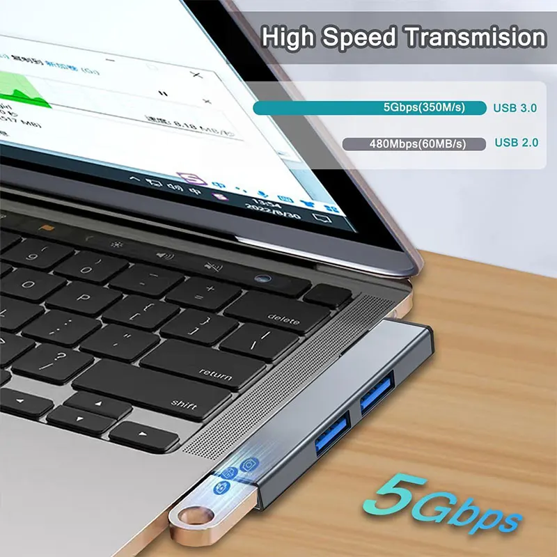 USB Hub, 3-Port Aluminum USB Hub with USB 2.0 Port and USB 3.0 Port, USB Splitter, USB Extender for Laptop, PC, Flash Drive, HDD - 5