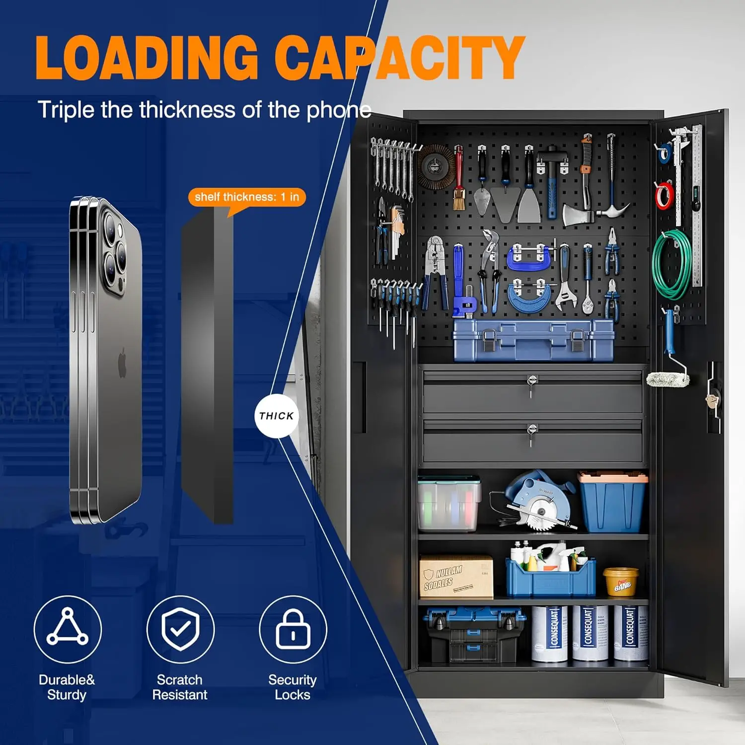 Metal Garage Storage Cabinet with Locking Doors and 2 Drawers Heavy Duty Steel Tool Cabinet with Pegboard 71" Lockable Cabinets 4
