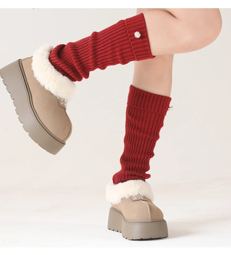 Gerippte Beinwärmer für Damen mit Deko-Knopf JK Echtwollmischung Knöchelbesatz Stiefelsocken Herbst Winter Fußabdeckung Druckfrei Y2k – Detail 11
