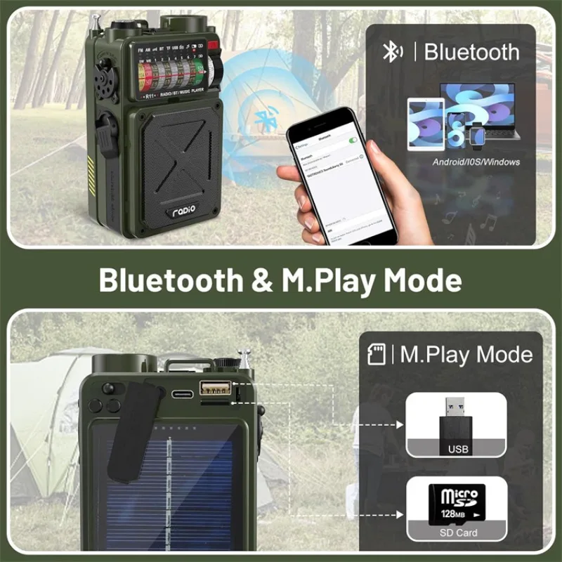 R11 Multifunction Emergency Radio BT Speaker Outdoor AM/FM/SW/WB Full-band Radio With Solar Hand Crank Dynamo TF Card USB Player