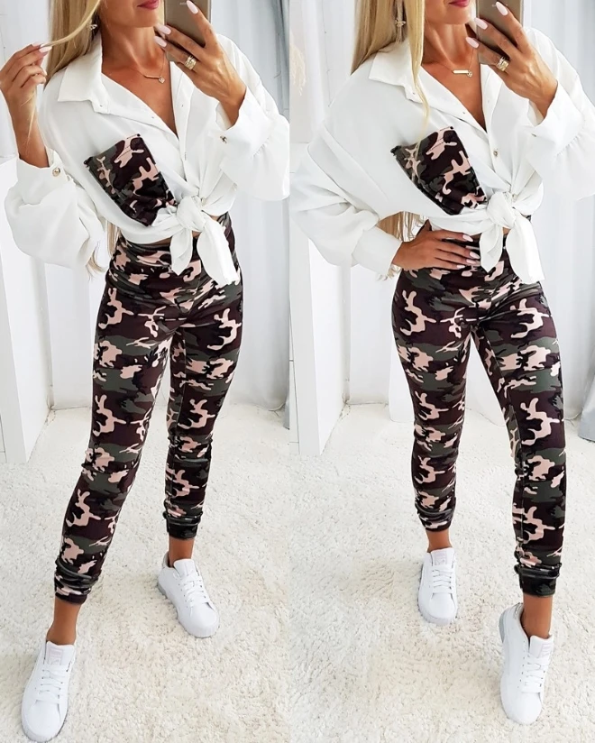 Two Piece Set Women Outfit Spring Fashion Camouflage Print Pocket Design Turn-Down Collar Long Sleeve Shirt & Daily Pants Set