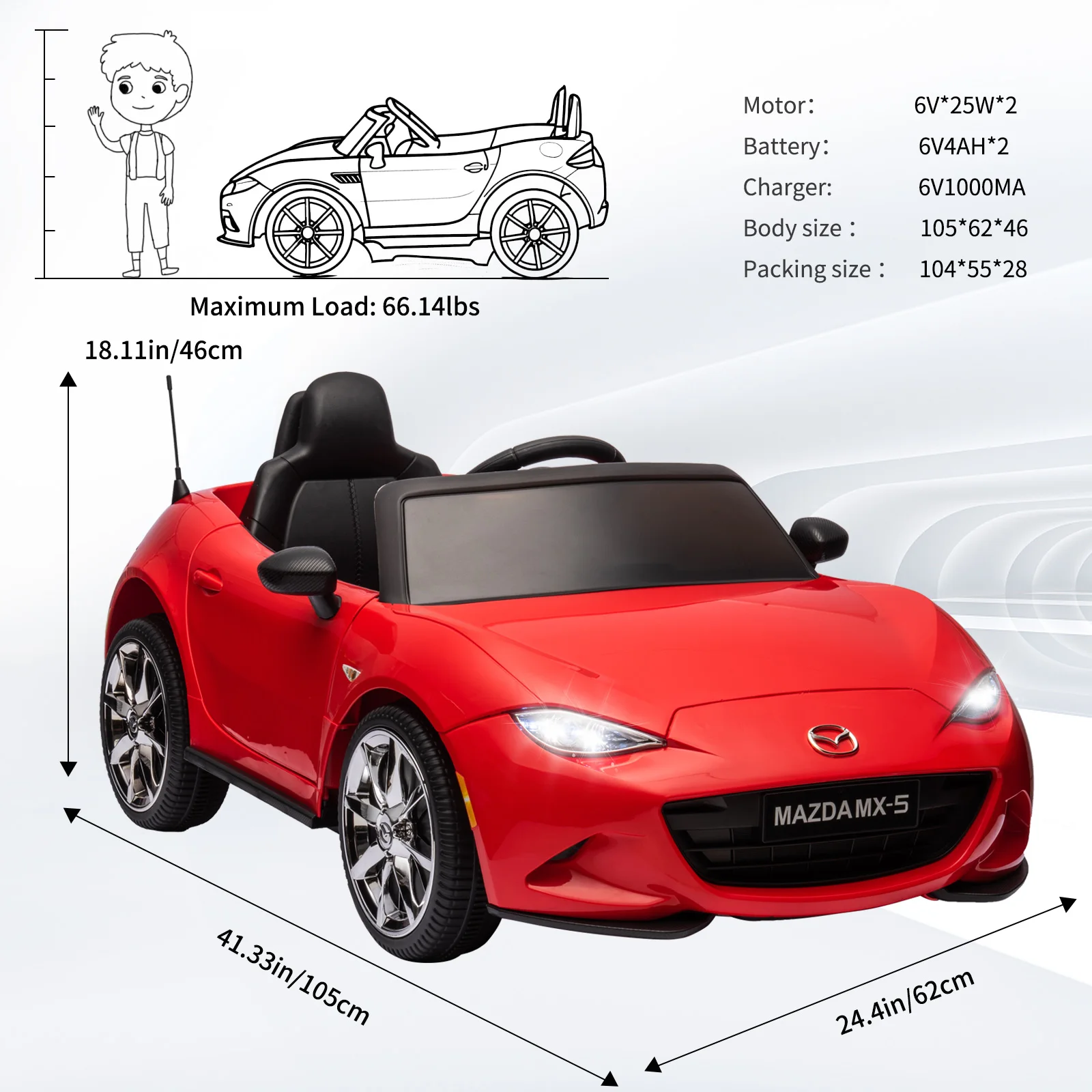 12V Dual Drive Kids Electric Ride on Car, Licensed Mazda MX-5 with Parent Remote, LED Light, Swing Function, One-Key Start