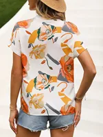 Women Flora Print Notched Neck Batwing Sleeve Blouse Ladies Tops Shirts - Image 6