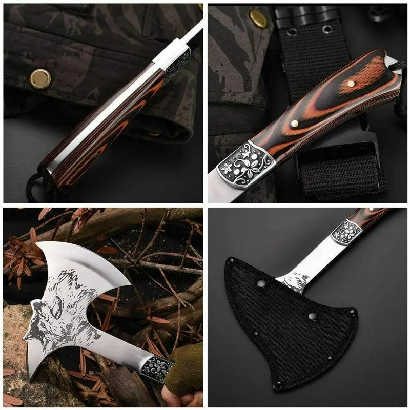 High Hardness Stainless Steel Survival Axe Multi-function Outdoor Camping Tactical Wolf-head Axe Hunting Tools Portable Tomahawk 5