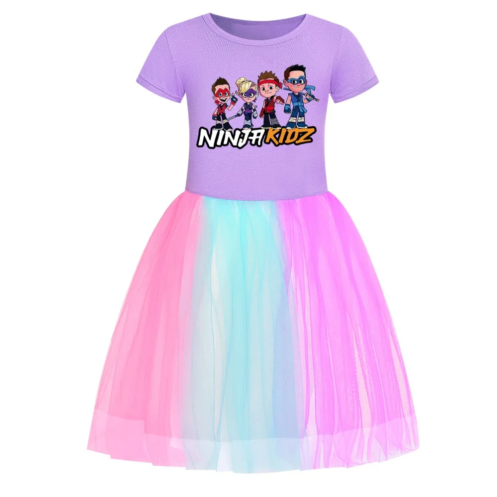 Ninja Kidz Kids Clothes Knee-Length Dresses+ Bag Cute Cotton Gauze Full Dress Teenagers Cartoon Baby Girls Party Clothing