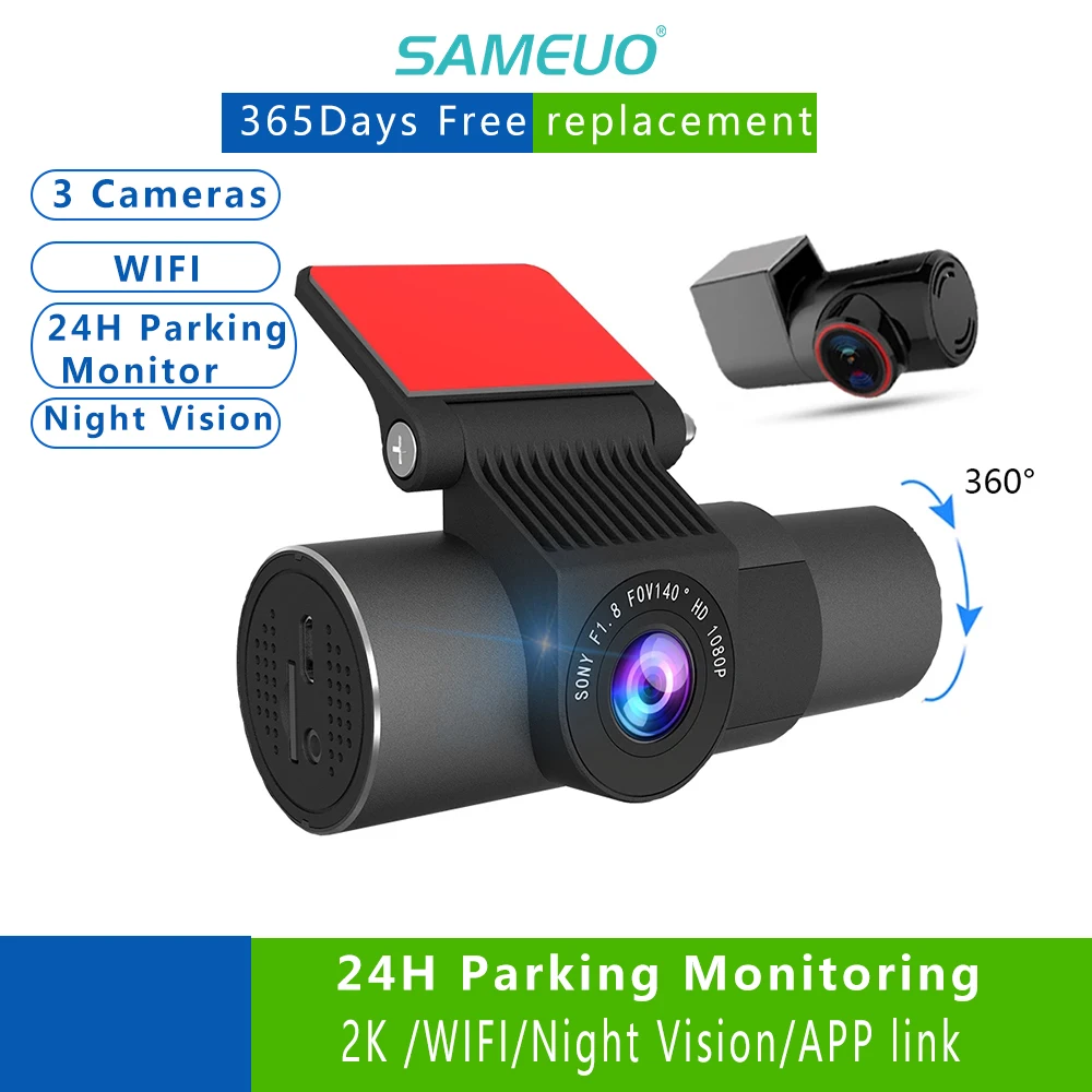 

Sameuo 3 Channel Dash Cam Dashcam Black Box Car Dvr Camera Front Inside Rear View Three Way U3000 Vehicle Wifi Night Vision Avto