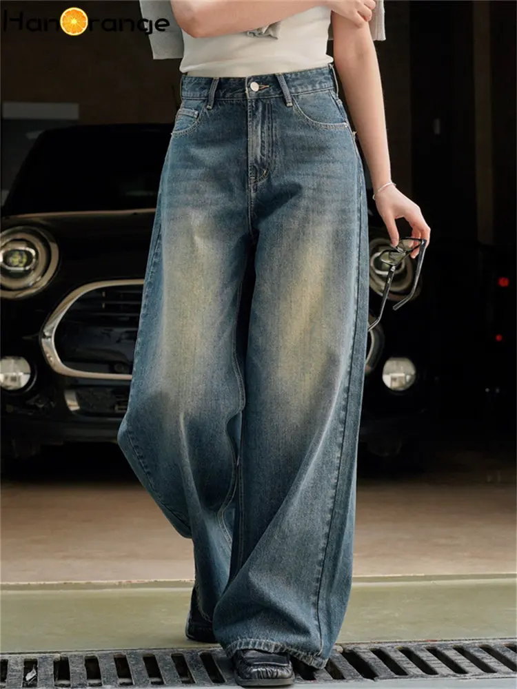 

HanOrange 2024 Spring Summer Retro Washed Wide Leg Jeans Women High Waist Relaxed Denim Pants Female Vintage Blue