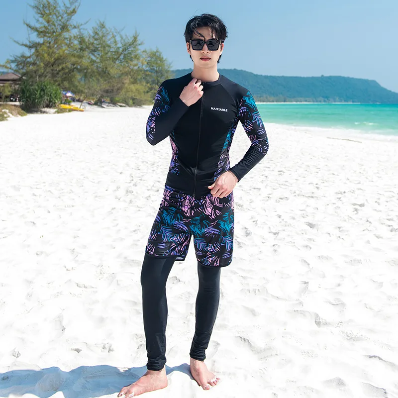 Unisex 3-5 Piece Rash Guard Swimsuit Set Long Sleeve Zipper Bathing Suit Wetsuit Beachwear Tankini Tracksuit with Boy Shorts