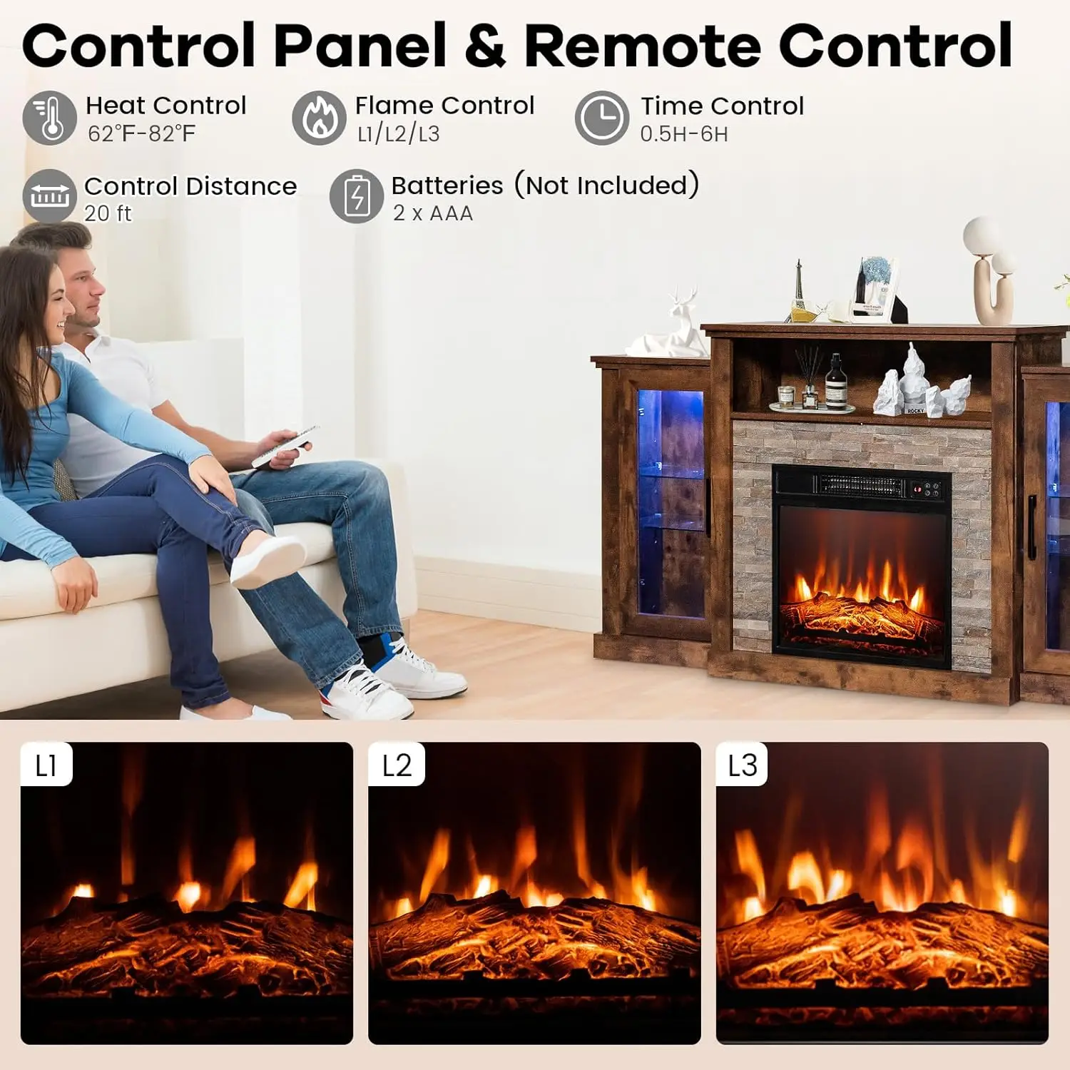 Electric Fireplace TV Stand-Entertainment Center w/18&rsquo;&rsquo; Fireplace Heater, LED Lights, APP & Remote Control,