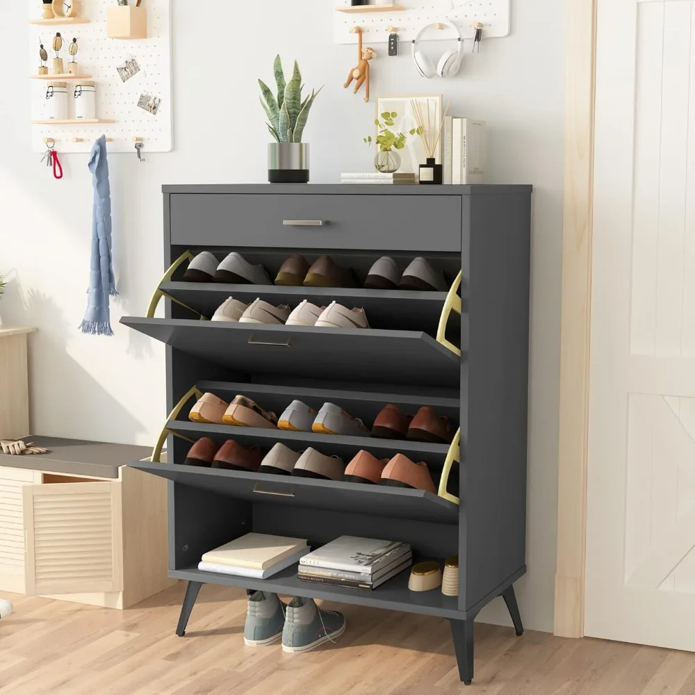 

Modern Slim Narrow Shoe Organizer Rack With 2 Flip Drawers & Slide Drawer for Entryway Hallway - Grey Shoes Organizers Furniture