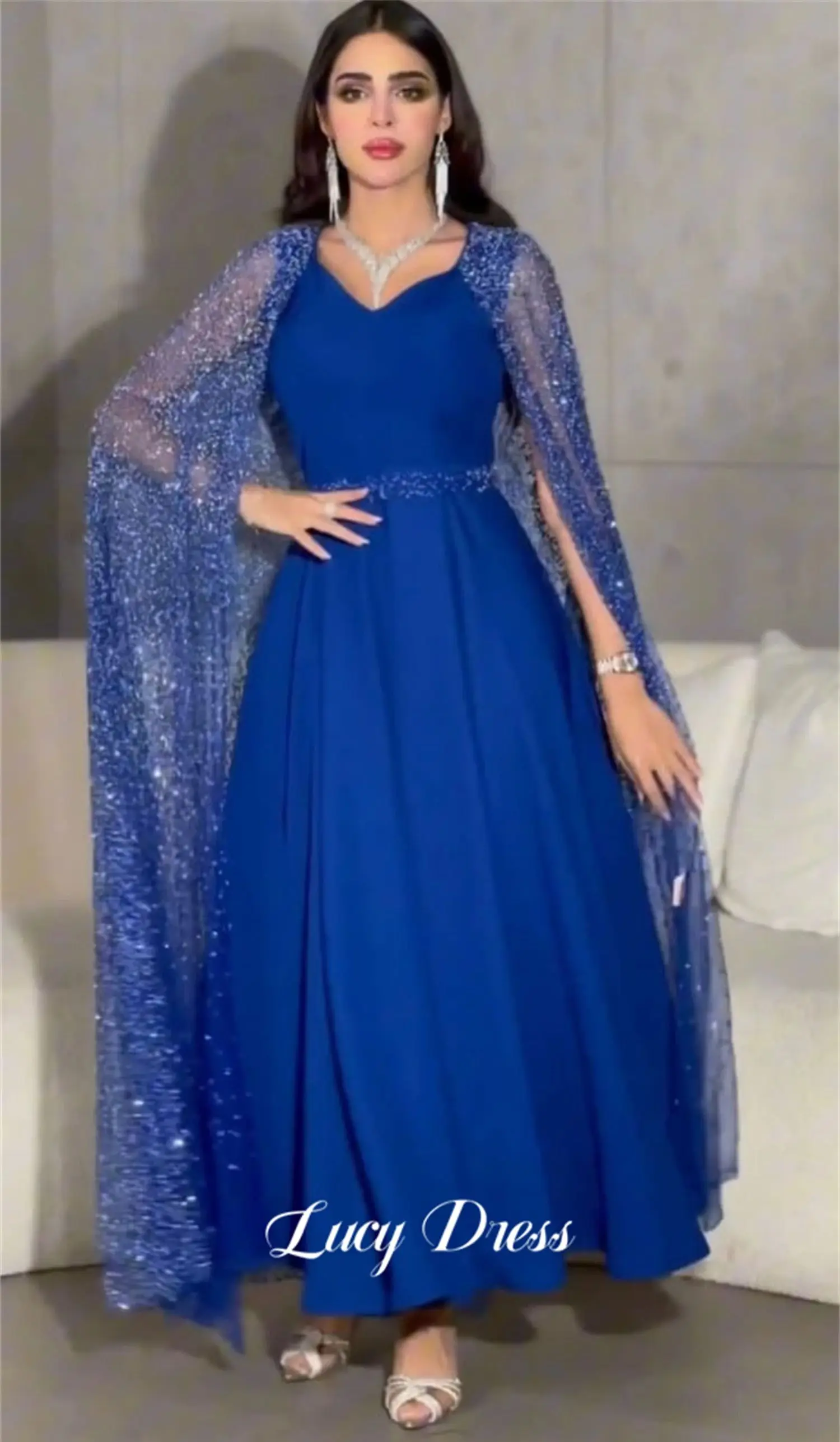 Lucy Glitter Sjaal Blauwe Luxe Avondjurk Eid Al-Fitr Dames Elegante Jurken Saudi Gala 2024 Bruiloft Gast Lang Luxueus