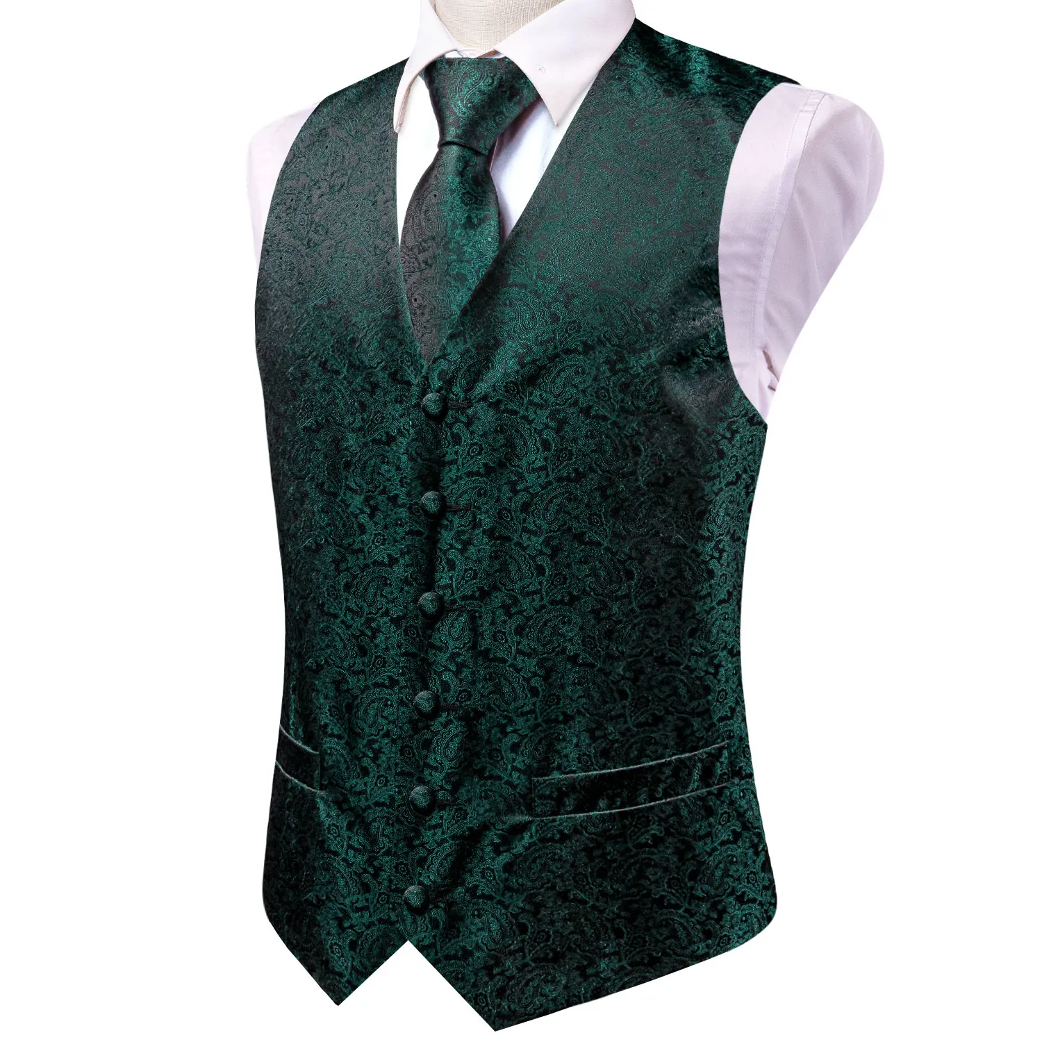Hi-Tie Dark Green Men's Vests Tie Set Silk Paisley Jacquard Waistcoat Jacket Necktie Hanky Cufflinks Wedding Formal Party Gifts 2