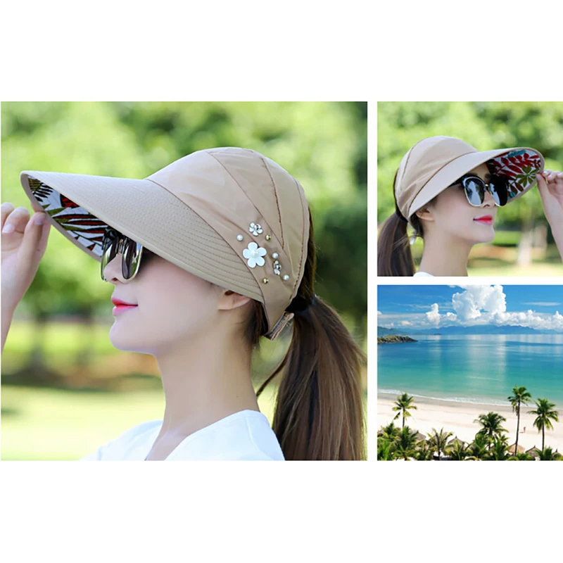 Summer Outdoor Wide Brim Casual Cap UV Protection Beach Sun Visor Adjustable Empty Top Breathable Hat Foldable Sun Hat