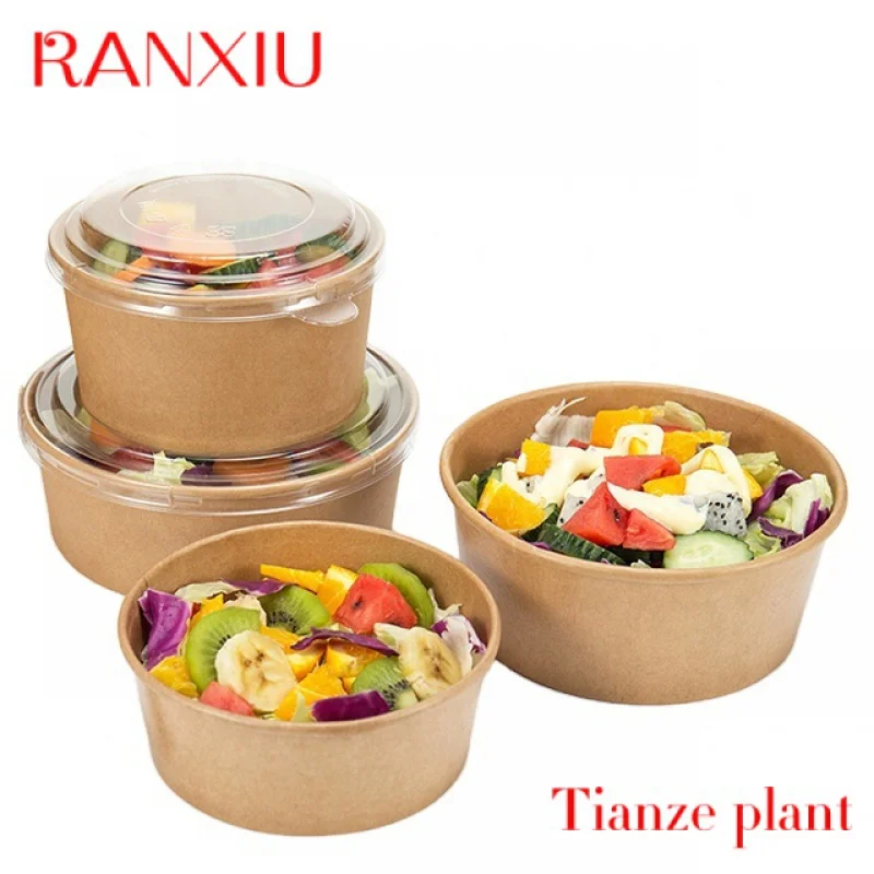 Custom % Eco Friendly Biodegradable food Packaging Cup Bowl PLA PE coating Disposable Brown Round Kraft Paper Salad Bowl With LI