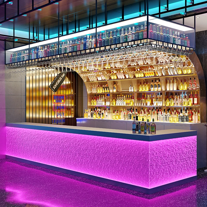 Bar Counter, Wine Cabinet, Wall Mounted Luminous Wine Rack, Wrought Iron Creative Tempered Glass Cashier Counter