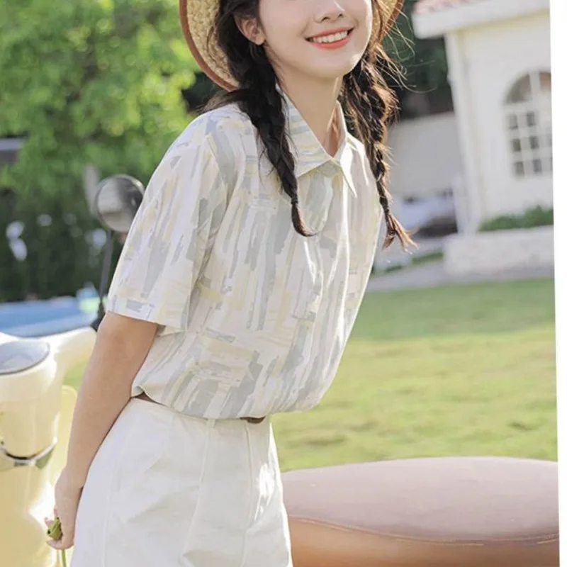 Sweet Fashion Versatile Summer Women's Polo-Neck Tie Dye Single Breasted Korean Simplicity Casual Short Sleeve Loose Shirts Tops