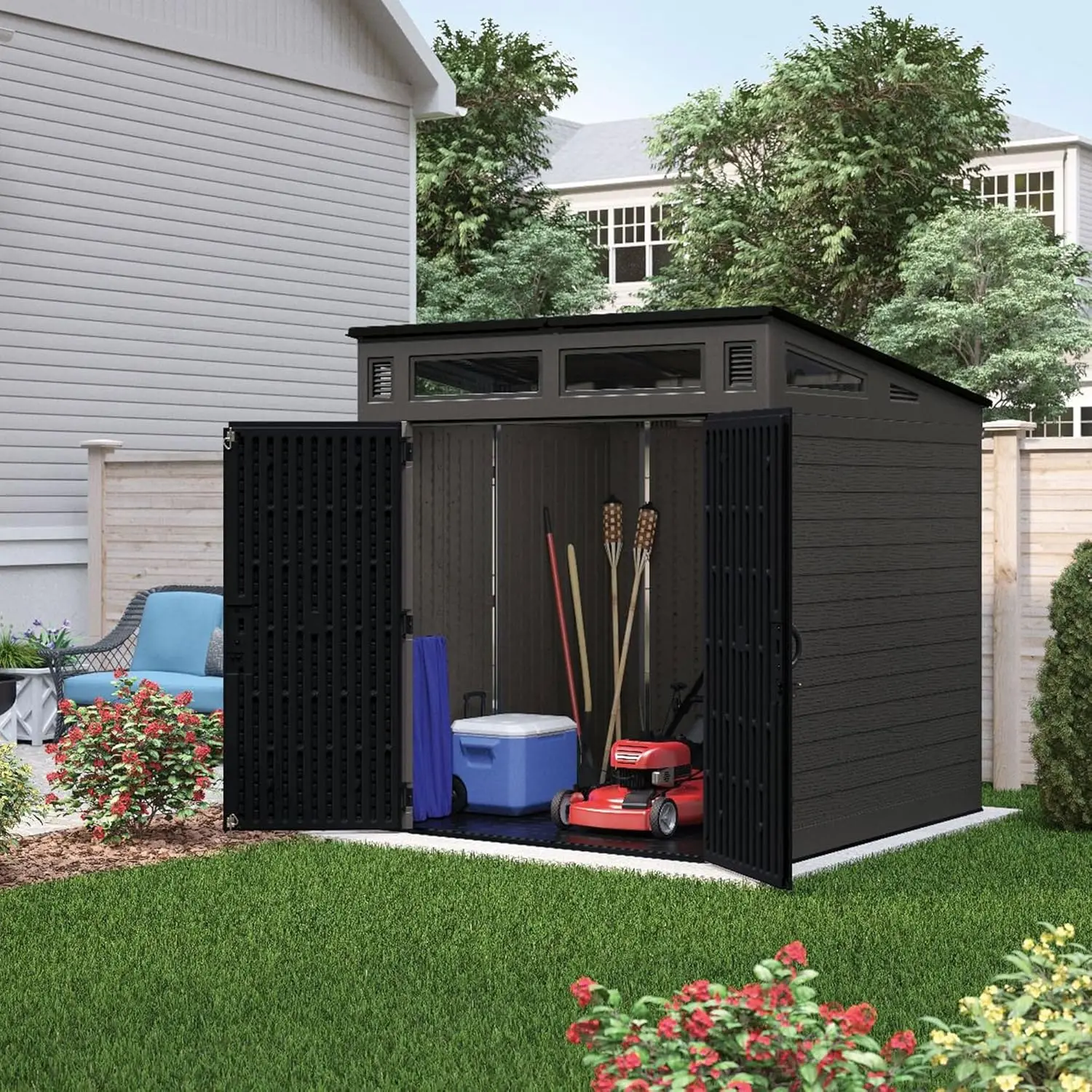 Modern Outdoor Storage Shed, 200 cu. ft. Peppercorn Resin Plastic Shed for Lawn Mower, Bikes, Utility Tools, Patio, & Yard.