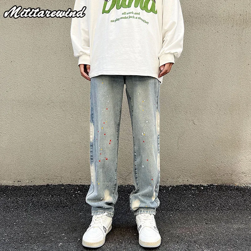 

Hip Hop Straight Print Splash-ink Pants Streetwear Y2k Casual Denim Trousers Autumn Retro American Distressed Wash Men Jeans