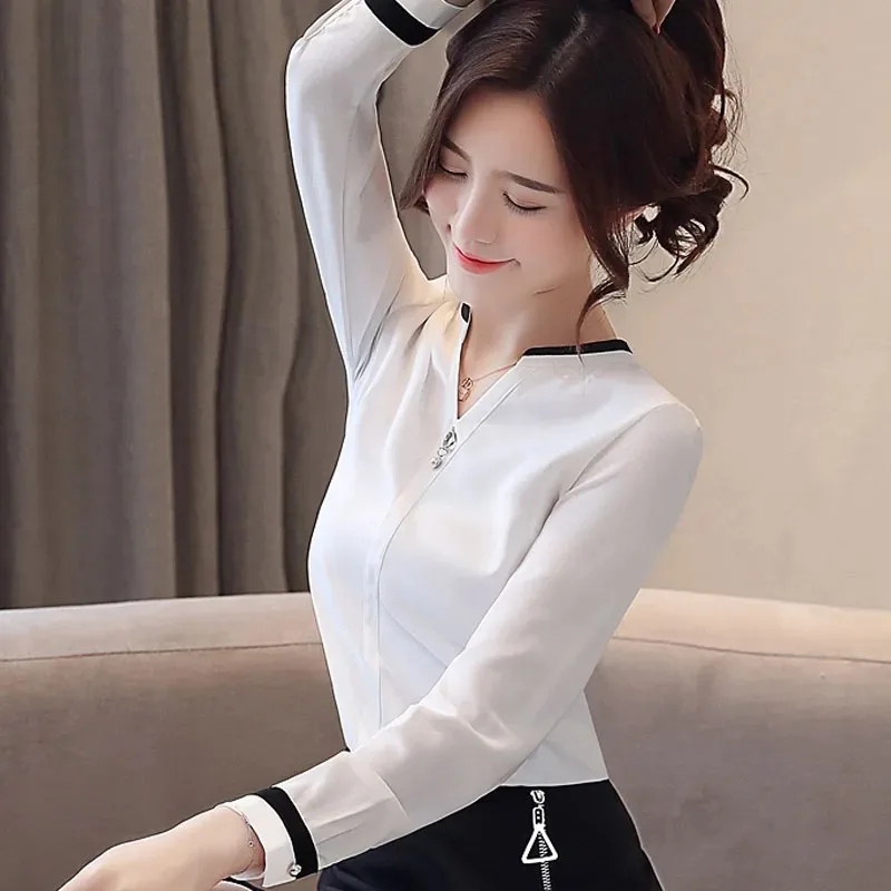 Women's V-Neck Chiffon Blouses Blue Shirt Loose Beading Tops Elegant Clothes Solid Fashion Spring 2412
