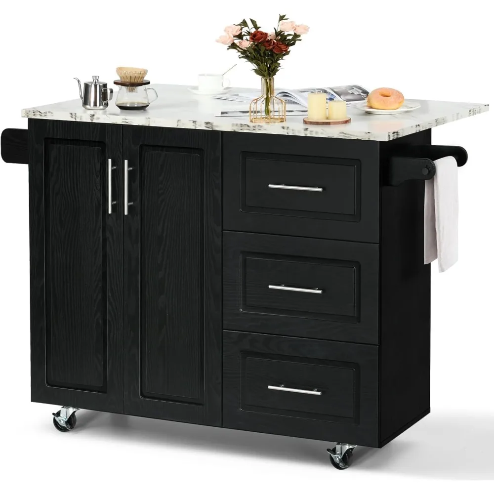 Kitchen Island with Storage, White Marble Tabletop, Rolling Kitchen Island Cart on Wheels Table for Black
