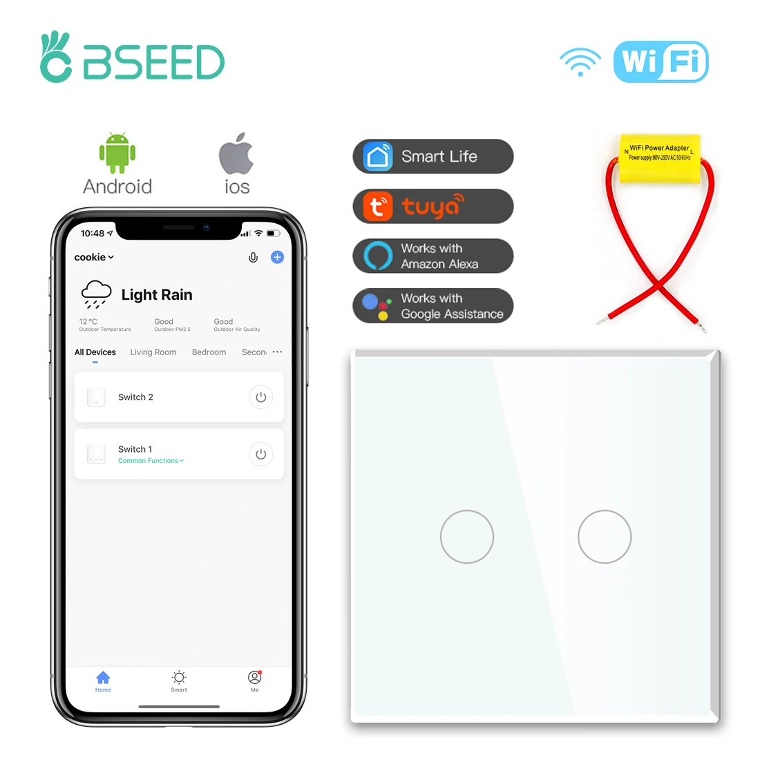 BSEED-Interruptor táctil Wifi para pared, dispositivo inteligente de 1/2/3  entradas, compatible con Smart Life, Google, Alexa, Control por aplicación