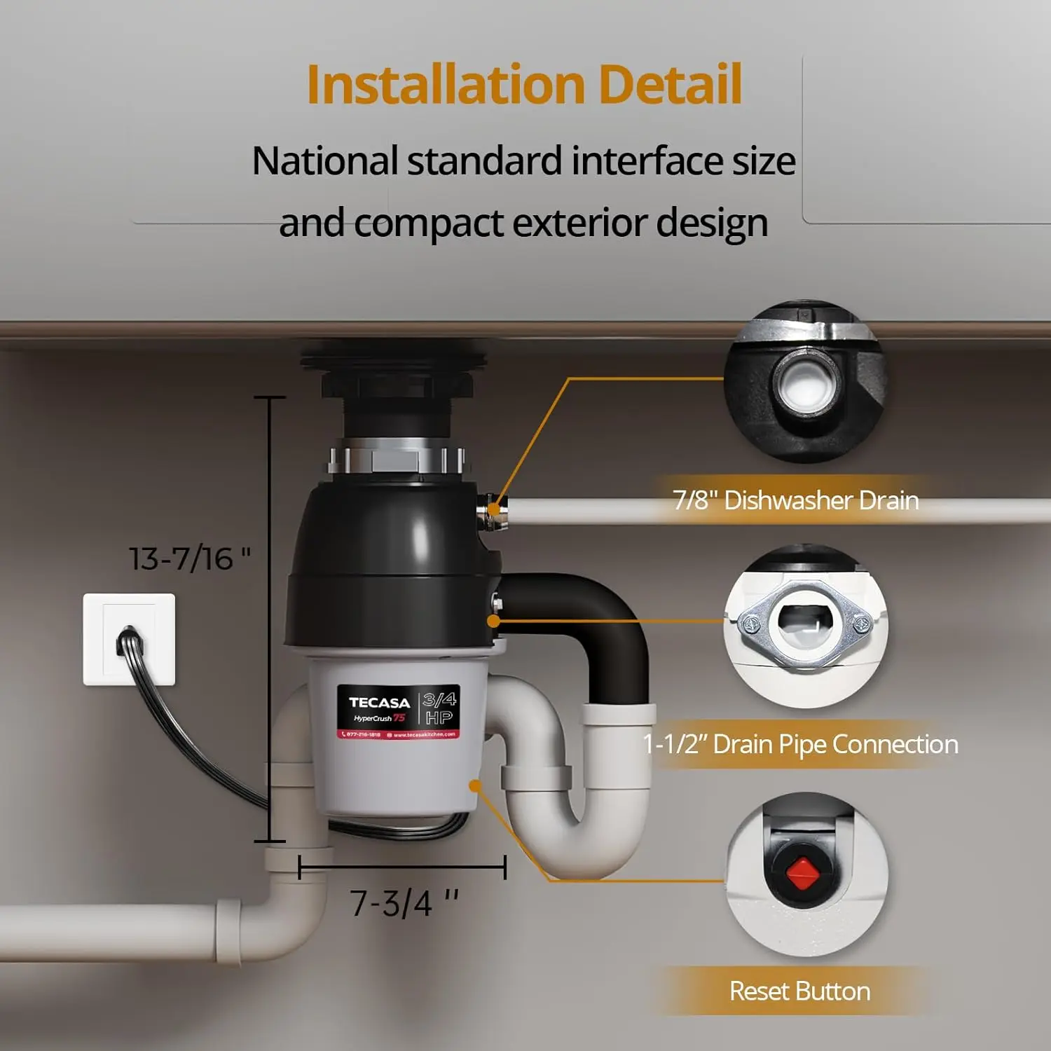 3/4 HP Corded Garbage Disposal for Kitchen Sinks, Continuous Feed Food Waste Disposer, Sound Reduction, Power Cord Includ 5