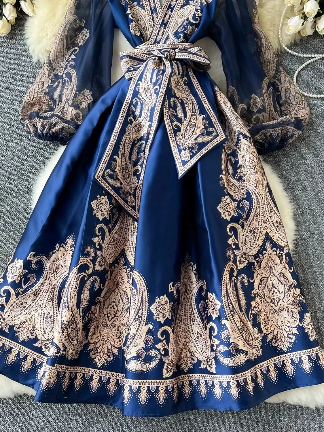 Paisley Print Bandage Lace Up Wrap Dress Women Cross V Neck