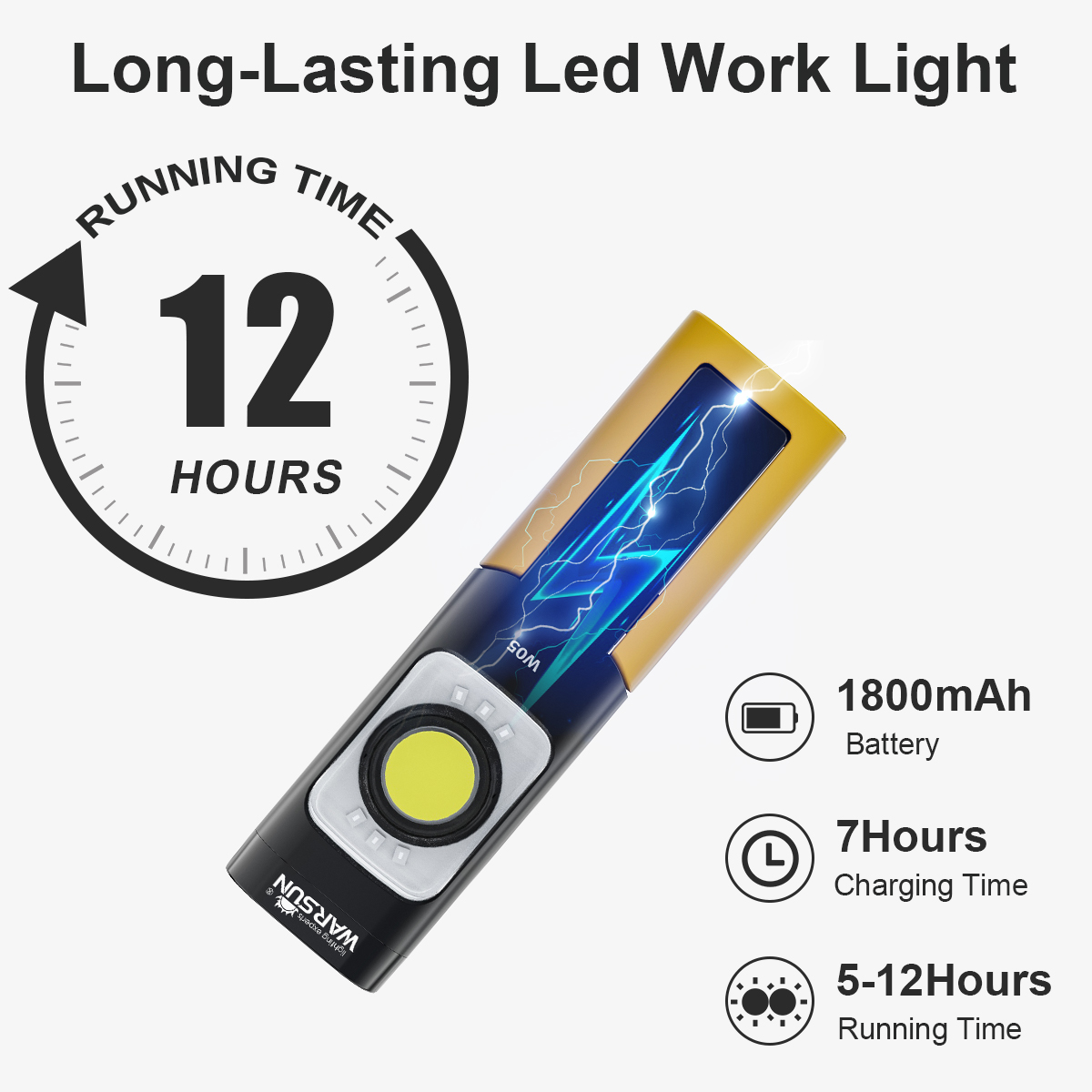 WARSUN LED Work Light , Rechargeable Work Light with Magnetic Base, Portable Flashlight with Clip, Hook and 180Â° Rotation Stand
