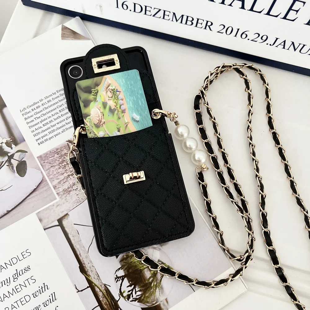 Pearl-Embellished Leather Phone Case with Shoulder Strap and Card Holder