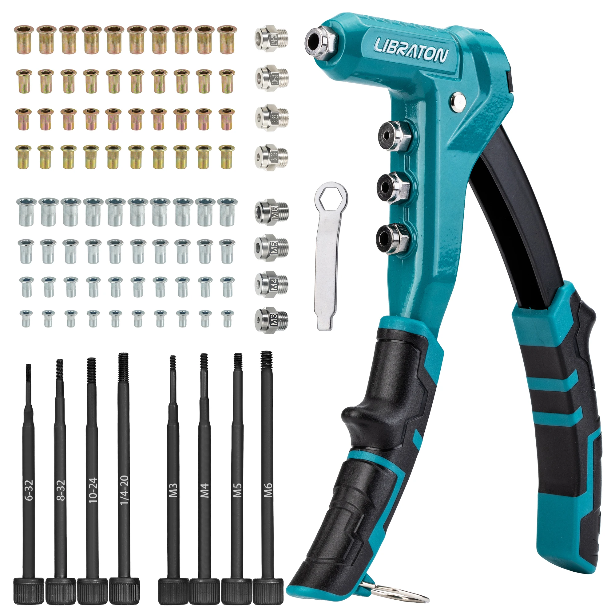 LIBRATON Rivet Nut Gun Kit, 9.5 Inch One-Handed Nut Rivet Gun with 80PCS Threaded Nuts Metric M3-M6 & SAE 6-32" to 1/4-20"
