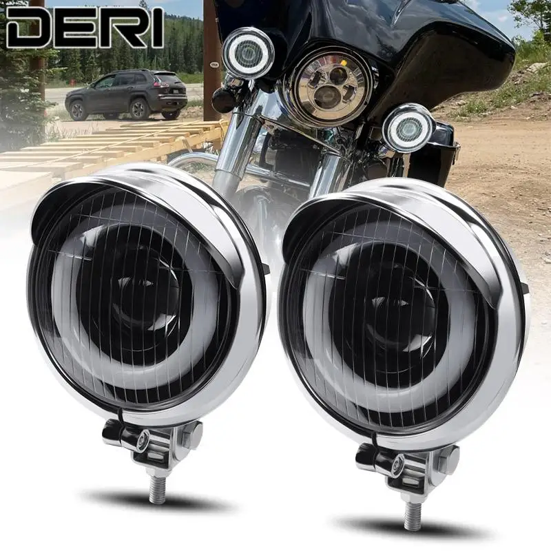 

LED Auxiliary Motorcycle Headlight 12V 6000K Halo Ring Headlamp for Chopper Bobber Cafe Racer Touring Hi/Lo Beam Daytime Running