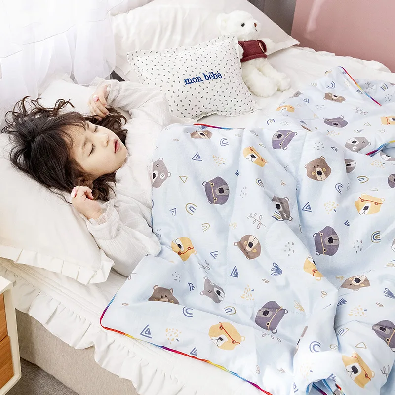 Children's Kindergarten Summer Quilt Soft Cotton Cartoon Air-conditioning Quilt Waffle Double-layer Breathable Yarn Baby Bedding