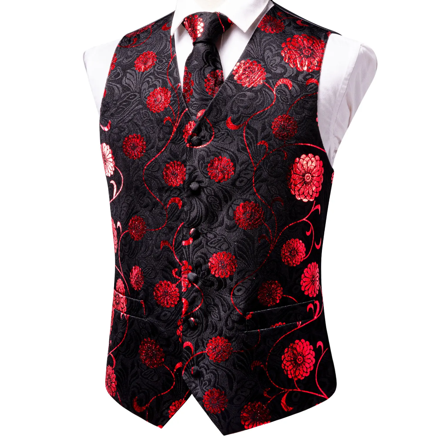 Hi-Tie Black Red Floral Silk Mens Vest Tie Set Jacquard Waistcoat Sleeveless Jacket Necktie Hanky Cufflinks Wedding Business XXL 3