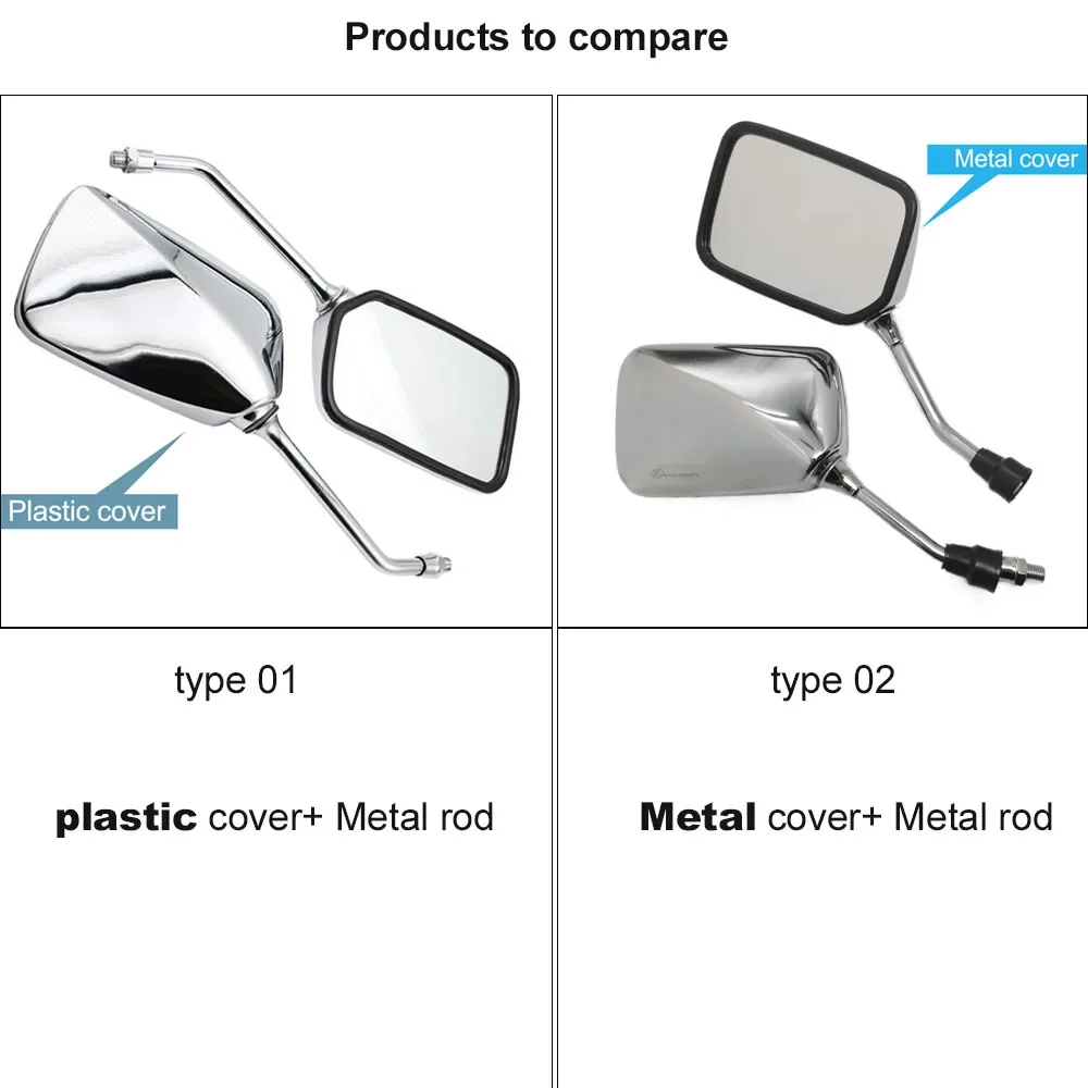 Square Rearview Mirrors 10mm M10 Thread for Motorcycles and Scooters
