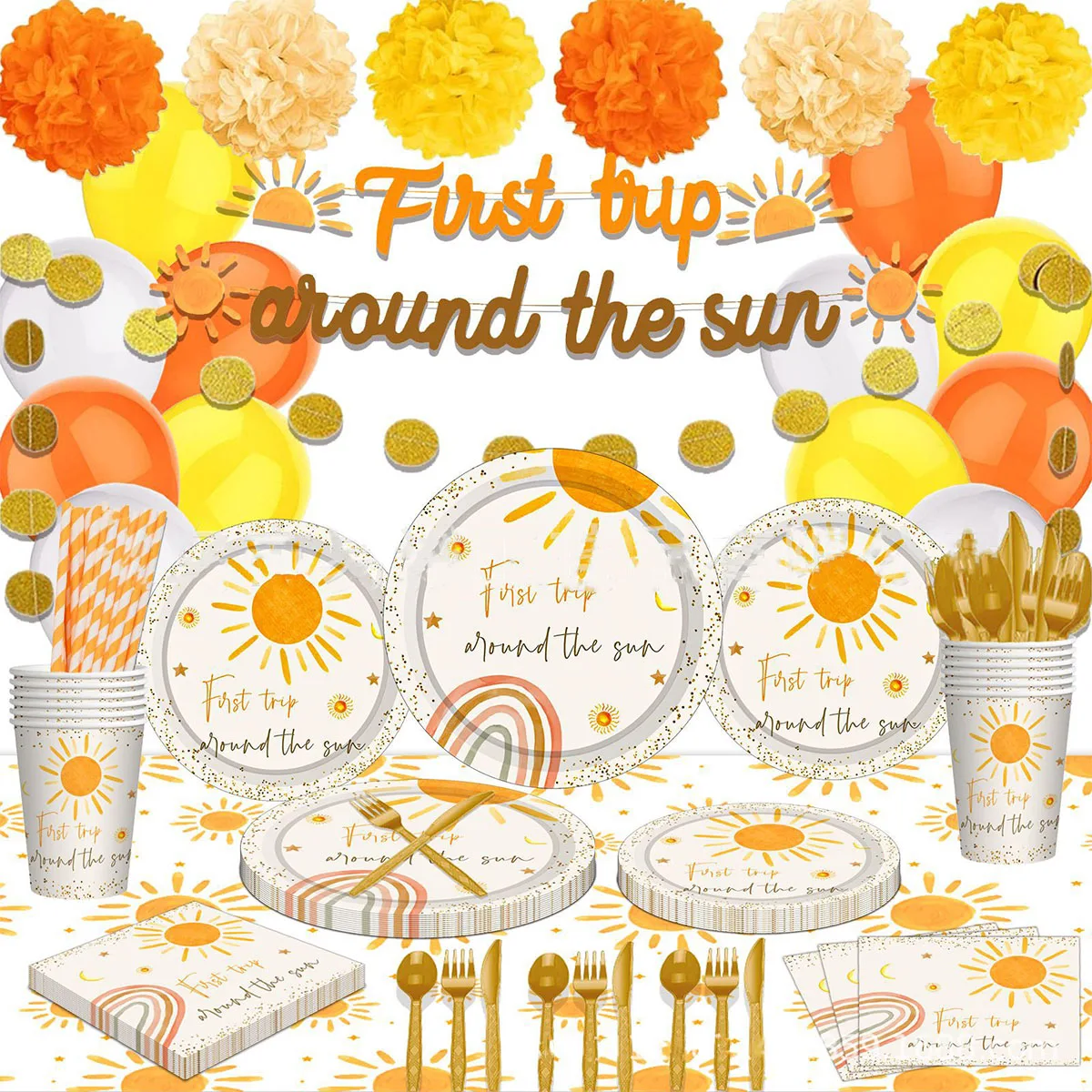 

8Guests Travel Sun Theme Party Decoration Tableware Plates Cups Napkins Balloon Set Banner First Trip Around The Sun Baby Shower