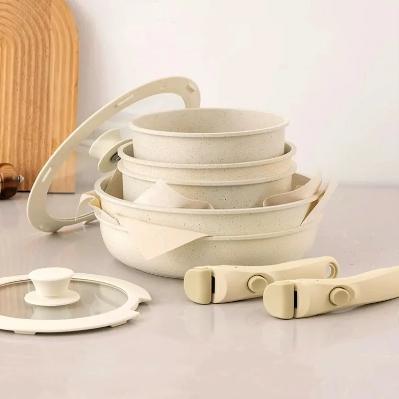 12pcs Detachable Set Pot, Non Stick Flat Bottomed Pot, Soup Pot Handle Vermiculite Frying Pan, Milk High-value Cookware